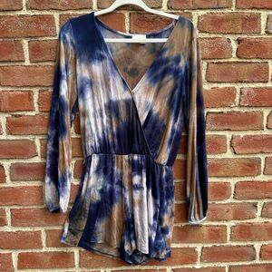 143 Story By Line Up Women's Tie Dye Faux Wrap Long Sleeve Romper Blue Small
